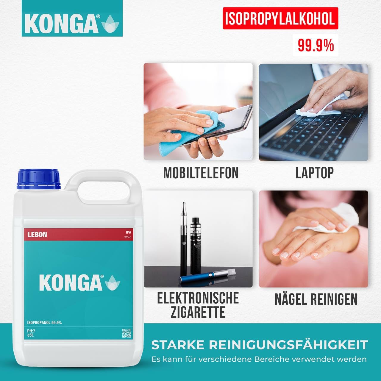 Konga Alkohol izopropylowy 99% do zastosowań technicznych, czyszczenia elektroniki, czyszczenia urządzeń mobilnych, czyszczenia komputerów, usuwania tuszu i markerów permanentnych, środek czyszczący