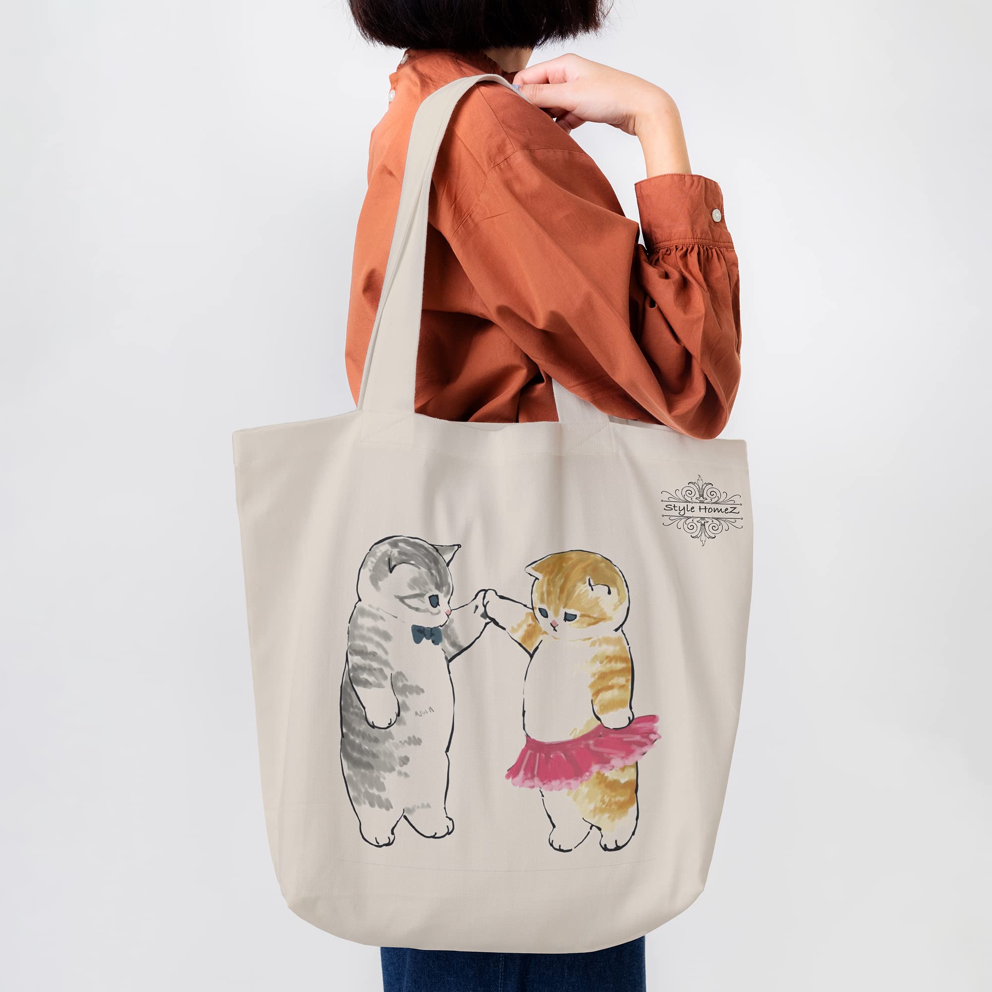 ALFANSO Classic Eco-Friendly & Reusable Cotton Canvas Grocery Tote Bag, Medium Size 16 x 14 Inch Natural Color (CATS IN SKIRT) 1