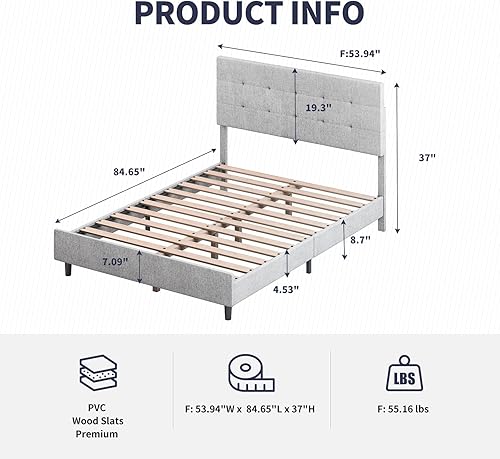 Miniatura 2 de ZAFLY Marco de cama de tamaño matrimonial plataforma tapizada matrimonial con cabecera cuadrada copetuda y luz LED RGB inteligente soporte de