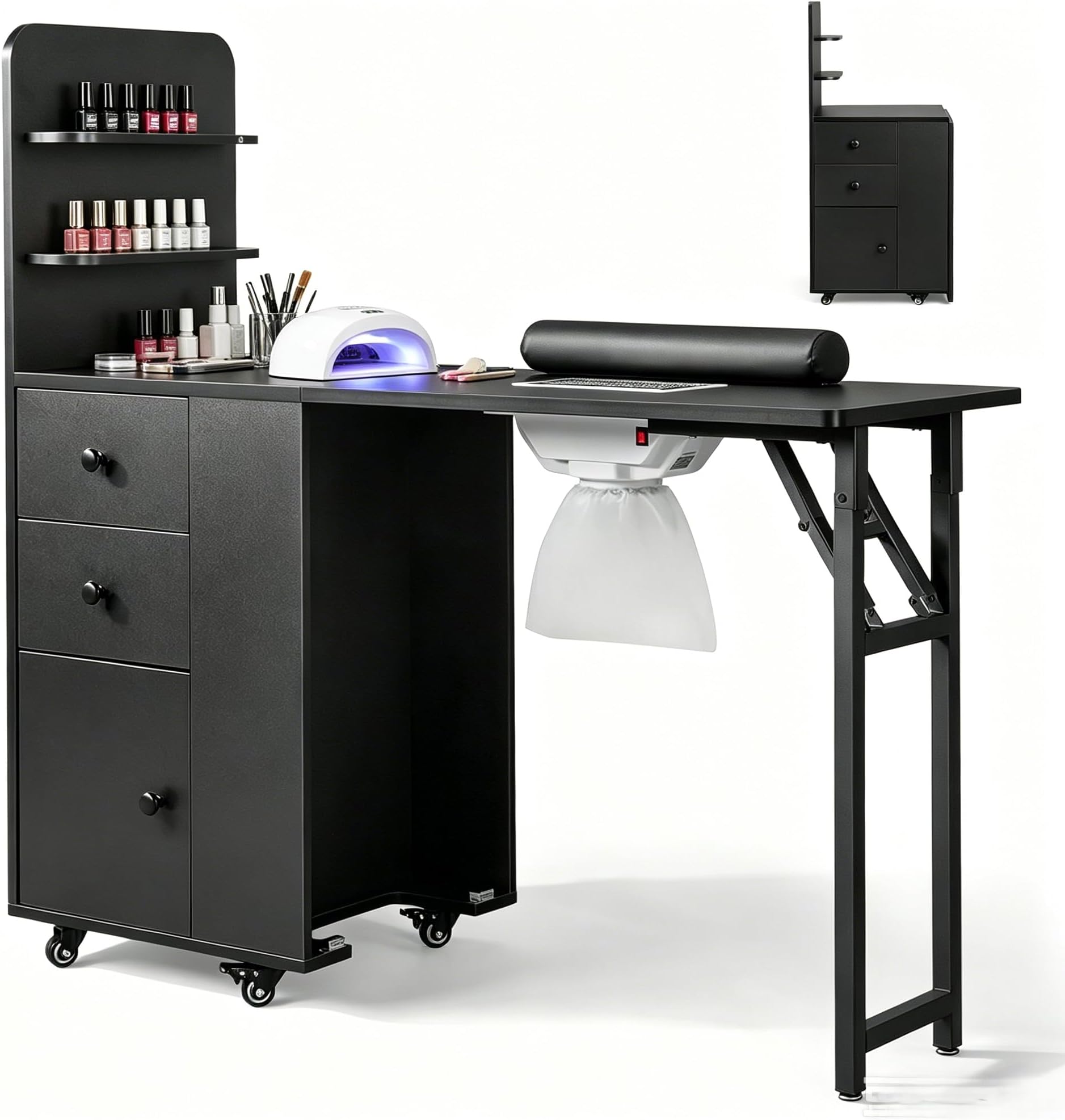 Foldable Manicure Table - Folding Nail Desk Station w/Electric Downdraft Vent, Lockable Wheels, Foldable Nail Arm Rest, Storage Drawers, Wooden Handles