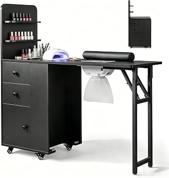 Foldable Manicure Table - Folding Nail Desk Station w/Electric Downdraft Vent, Lockable Wheels, Foldable Nail Arm Rest, Storage Drawers, Wooden Handles