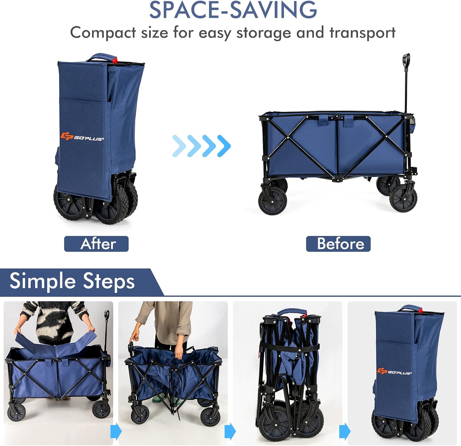 S AFSTAR Folding Wagon Cart, Collapsible Garden Wagon w/Adjustable Handle & Universal Wheels, Heavy Duty Folding Utility Cart for Agricultural Material Toy Grocery, Load Capacity up to 180Lbs (Navy)