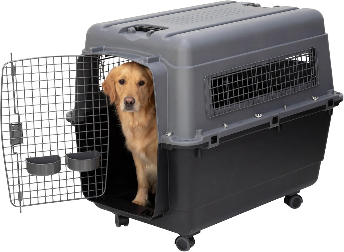 SportPet Airline Compliant X-LARGE 35.5" Caseta para perros de viaje, transportador de mascotas de plástico duradero con ruedas y tazones de comida extraíbles, caseta para perros plegable para interiores y exteriores, perros de hasta 32"L y 23"H-Gris oscuro