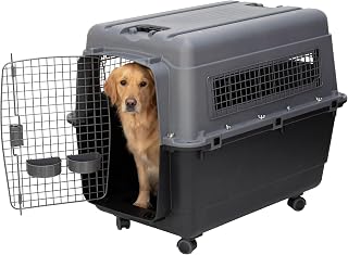 SportPet Airline Compliant X-LARGE 35.5" Travel Dog Kennel-Durable Plastic Airline Pet Carrier w/Removable Wheels & Food Bowls, Collapsible Indoor/Outdoor Dog Kennel, Dogs up to 32"L & 23"H-Dark Gray