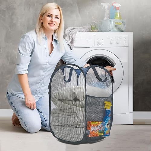 Miniatura 3 de Cesta de malla de alta resistencia para ropa sucia, artículos esenciales para el hogar y la universidad, color azul marino (14 x 14 x 24 pulgadas)