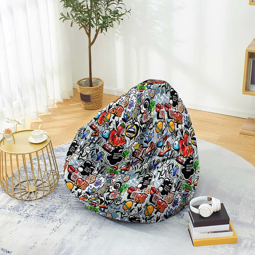 Fodera per Pouf a Sacco per Adulti e Bambini, Hip -Hop Graffiti Stampa Copertura per Poltrona Sacco con Cerniera e Senza Imbottitura, Pouf a Forma di Pera Bean Bag Cover (90x110 cm,Grigio)