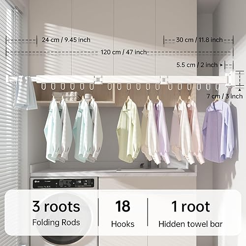 Miniatura 2 de Abiglifty Tendedero para ropa montado en la pared, plegable, retráctil y plegable con 18 ganchos para uso en interiores y exteriores en lavandería,