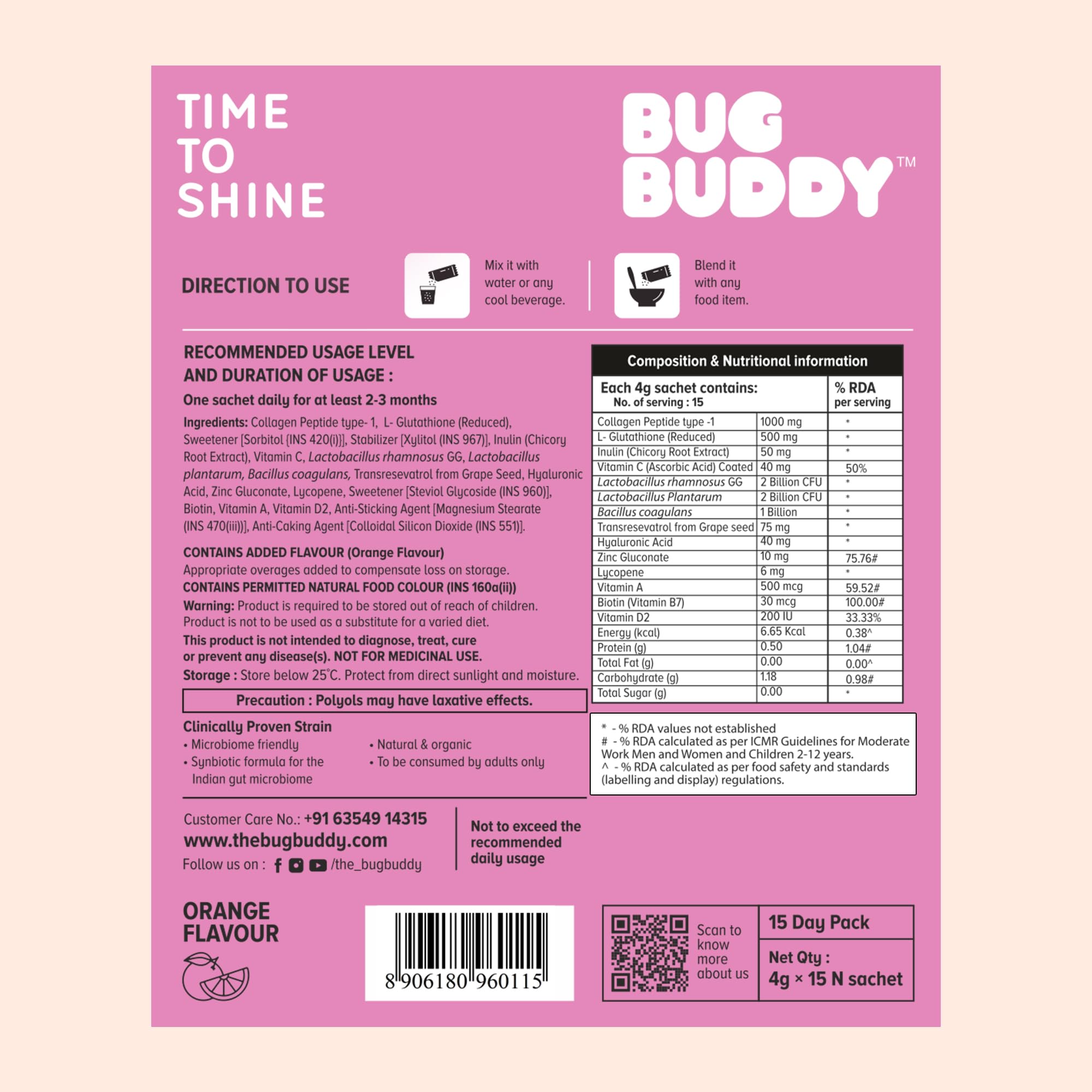 Bug Buddy - Time To Shine | Glutathione for Skin Whitening with Collagen & Probiotics (5 Bn CFU) | Backed by 13+ Clinical Studies | For Glowing Skin, Acne reduction & Healthy Hair | 15 Days Pack 3