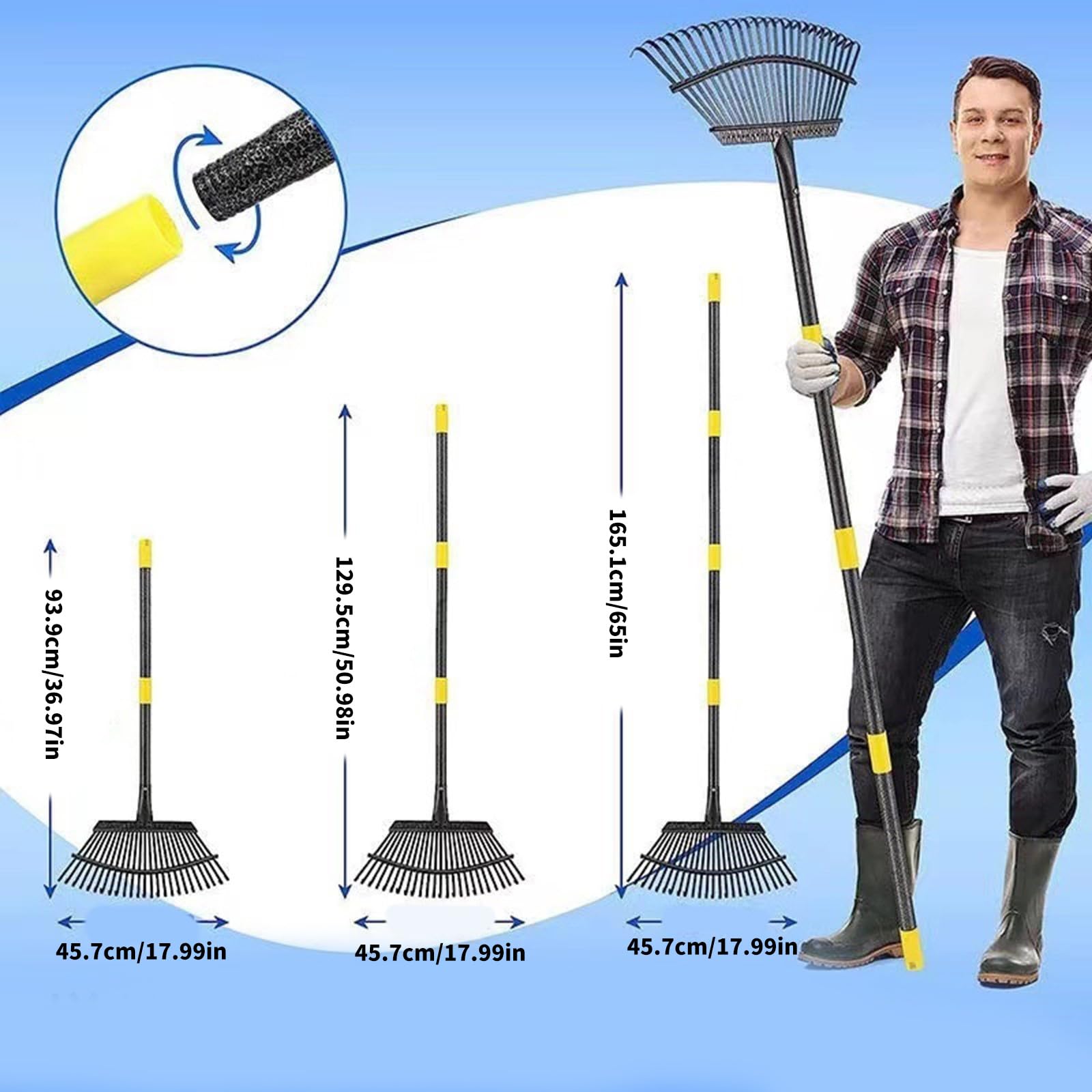 Rastrillos de acero inoxidable para jardinería, 165 cm de longitud, rastrillos de jardín, diseño desmontable para almacenamiento compacto, jardinería de acero inoxidable
