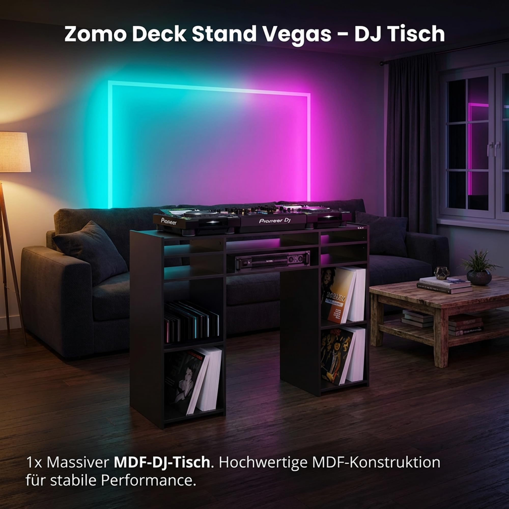 Zomo Deck Stand Vegas – DJ Tisch 130 x 40 x 97 cm – Schwarz - MDF Holz – 2 Ebenen mit 19 Zoll Rack und Vinylaufbewahrung - Platz für 2 Decks und einen Mixer