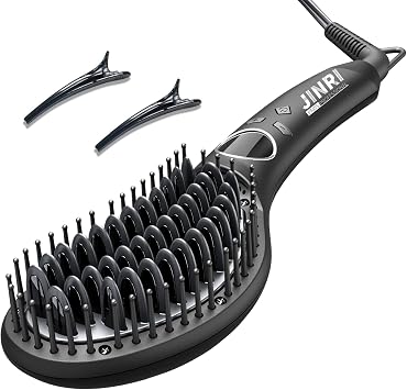 JINRI Hair Straightening Brush, 275F-450F 8-Stage Adjustable Temperature, Ergonomic Handle, 360 Swivel Cord, Anti-Scald Design, Includes Hair Clips, 120V 66W, Black