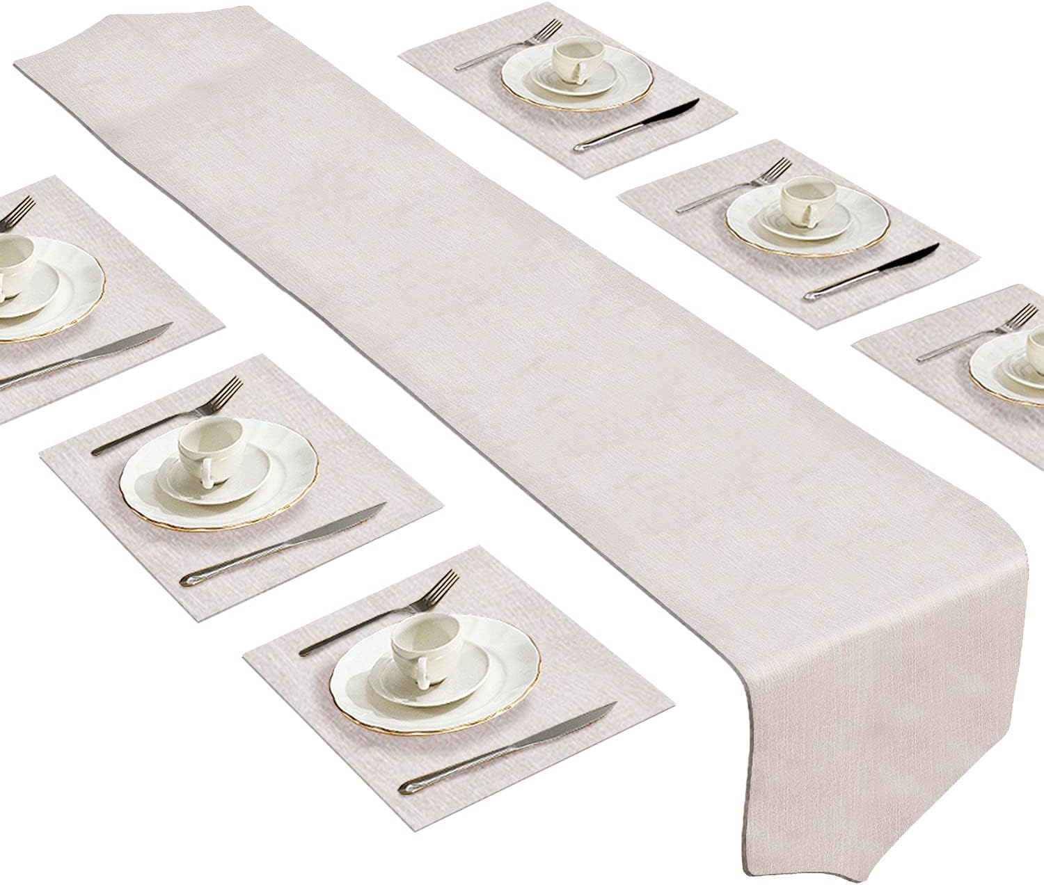 Dubulle Beige Table Runner and Placemats Set of 6 for Kitchen Dining Table Farmhouse Style Thick Cotton Linen Double Layer Heat Resistant Washable Table Runner Place Mats Set…