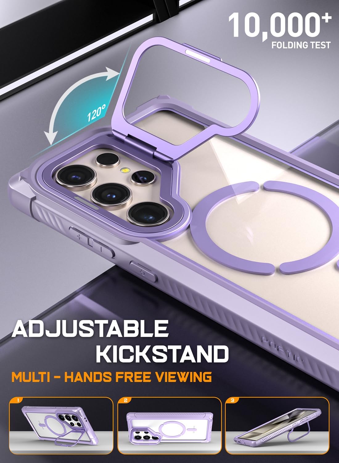 Poetic Guardian Case for Samsung Galaxy S24 Ultra 6.8", [Built-in Camera Stand] [Screen Protector Work with Fingerprint ID] Full Body Shockproof Protective Rugged Clear Cover, Purple/Clear