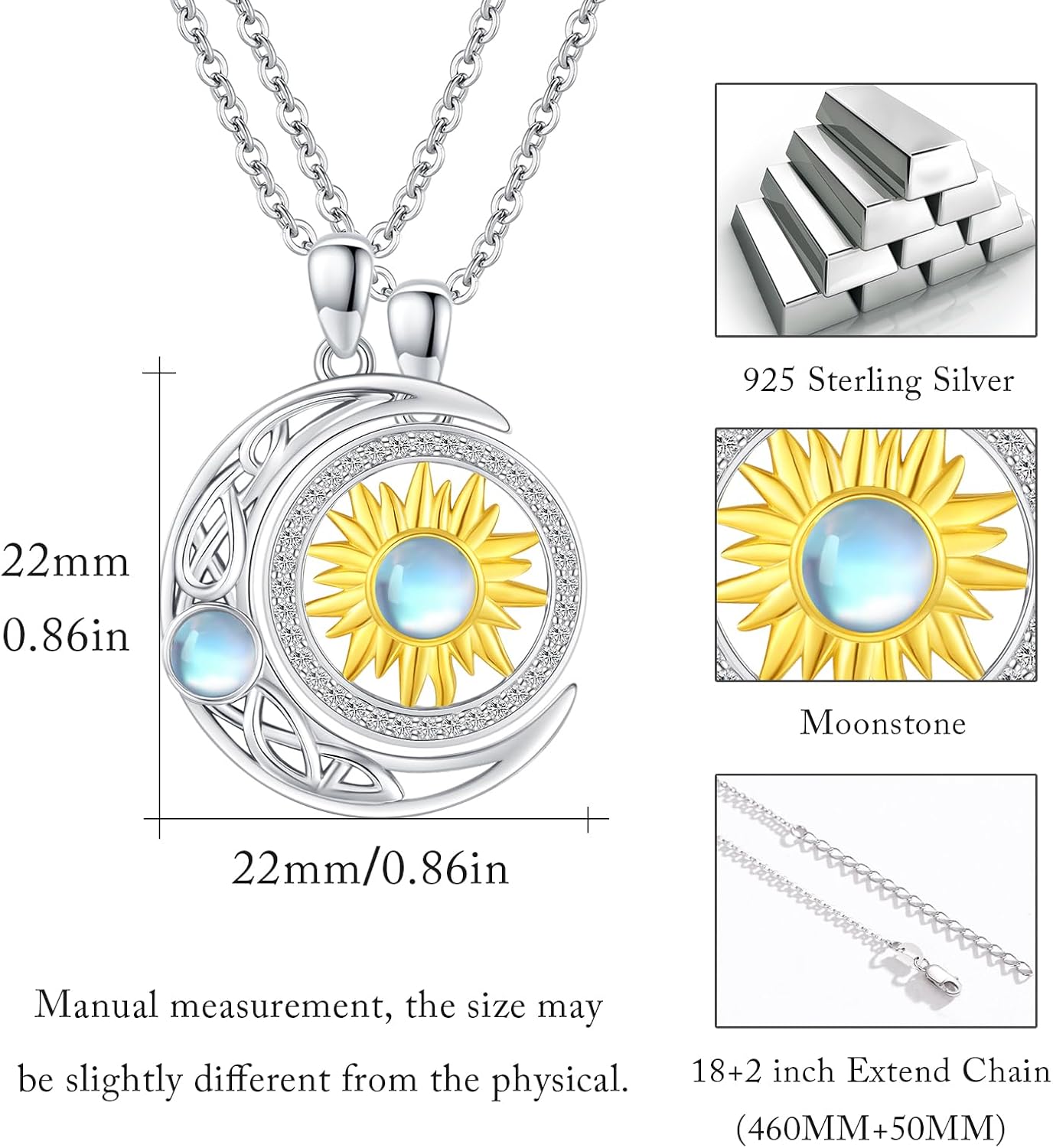 TUGHRA Christmas Gifts for Her Him, Sun and Moon Couples Necklace Matching for 2 925 Sterling Silver BFF Necklaces Set Dainty Friendship Jewelry Gifts Couple Pendant 2 PCS