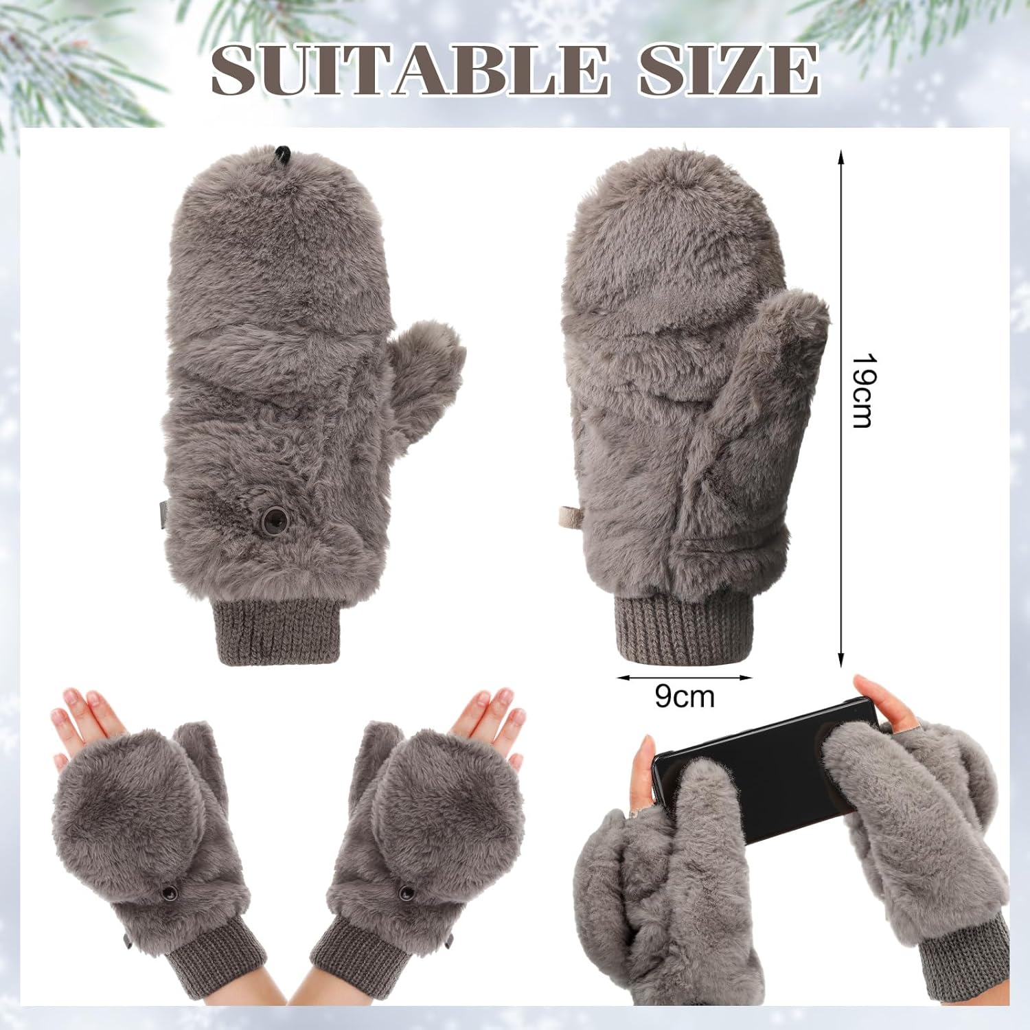 SATINIOR Faux Fur Mittens Fingerless Gloves Convertible Gloves Fluffy Winter Warm Soft Half Finger Fuzzy for Women - Image 2