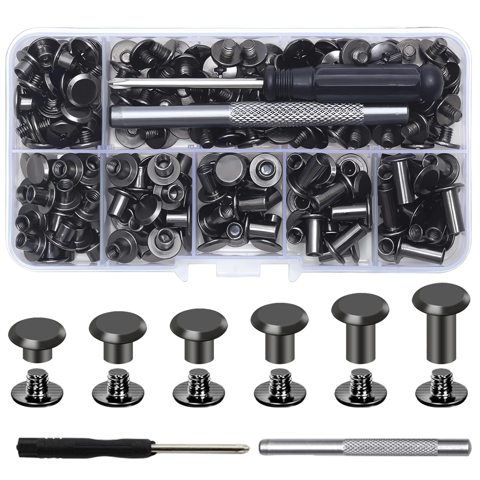 110 Set Chicago Screws, M5 x 4/5/6/8/10/12mm Chicago Screws Assorted Kit with Setting Tools, Rivet Chicago Binding Screws, Screw Rivets for DIY Leather Decoration, Bags