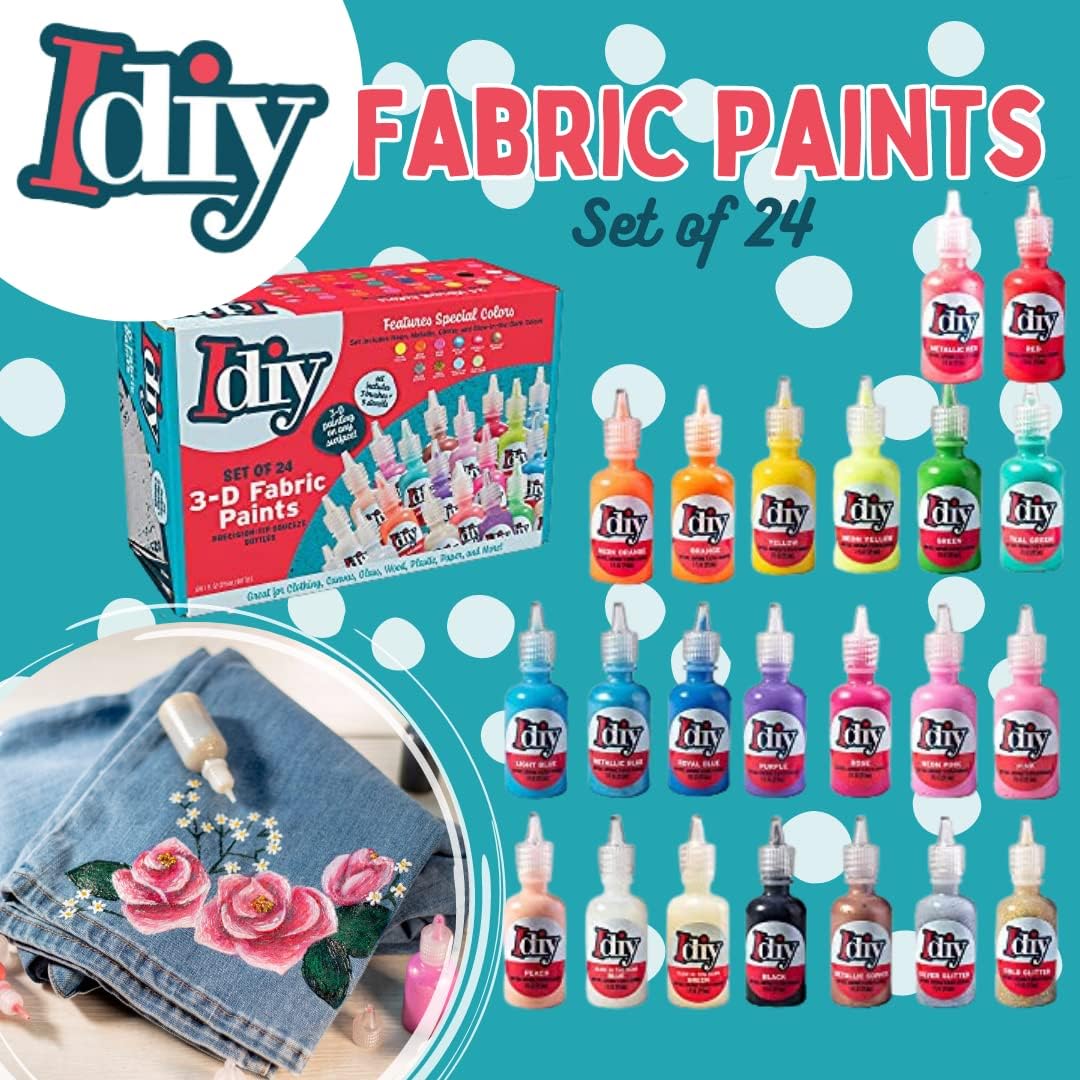 24-Color 3D Fabric Paint Set for Clothes, Canvas & Glass - Permanent Puffy Paint (1oz Bottles) with Neon, Metallic, Glitter & Glow in The Dark Colors - Includes 3 Brushes & 5 Stencils, Non-Toxic