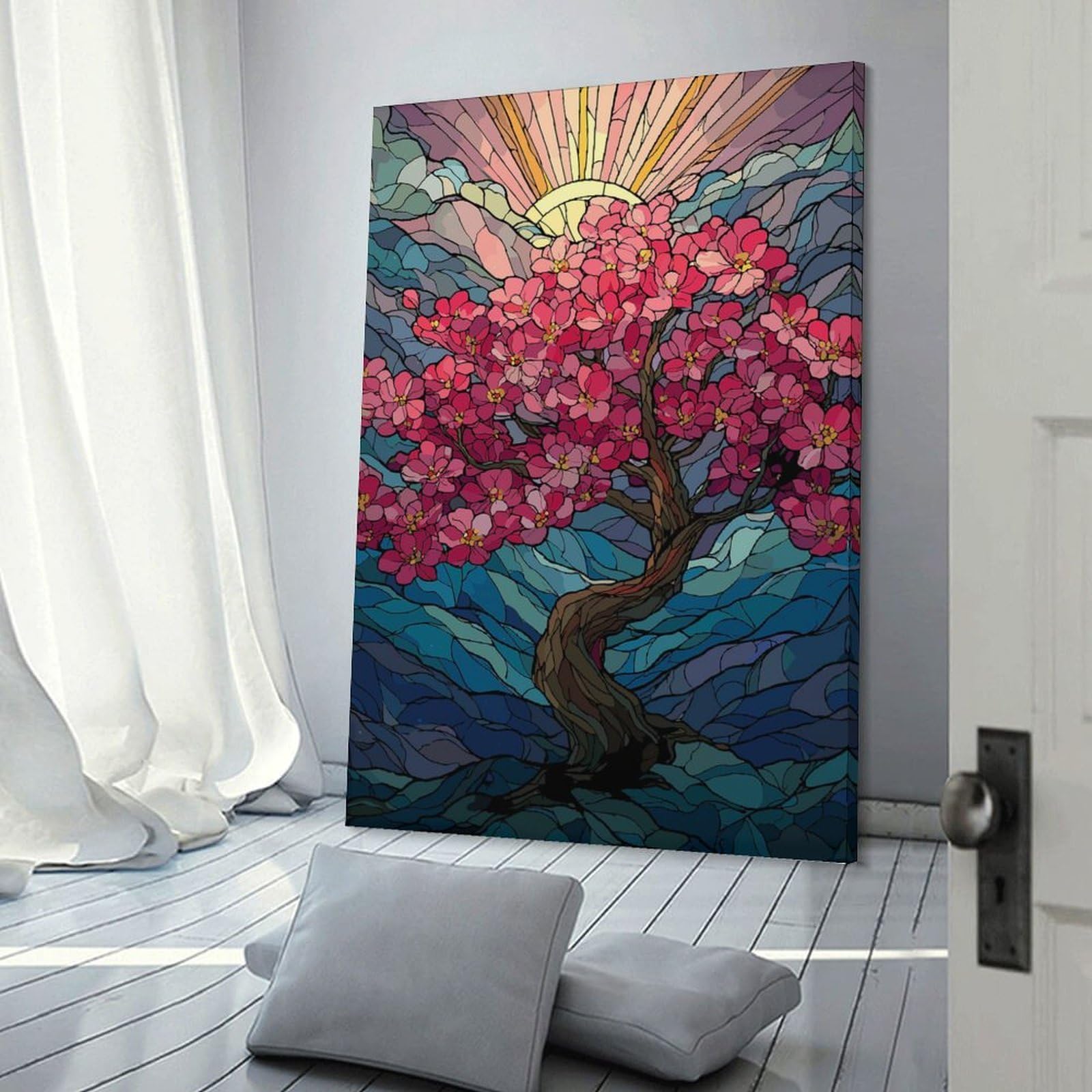 Junmoney Canvas Wall Decor Stained Glass Cherry Blossom Tree(2), 12x18inch(30x45cm), for Gallery Wall Layouts in Home Or Office, Home Wall Art for Statement Displays