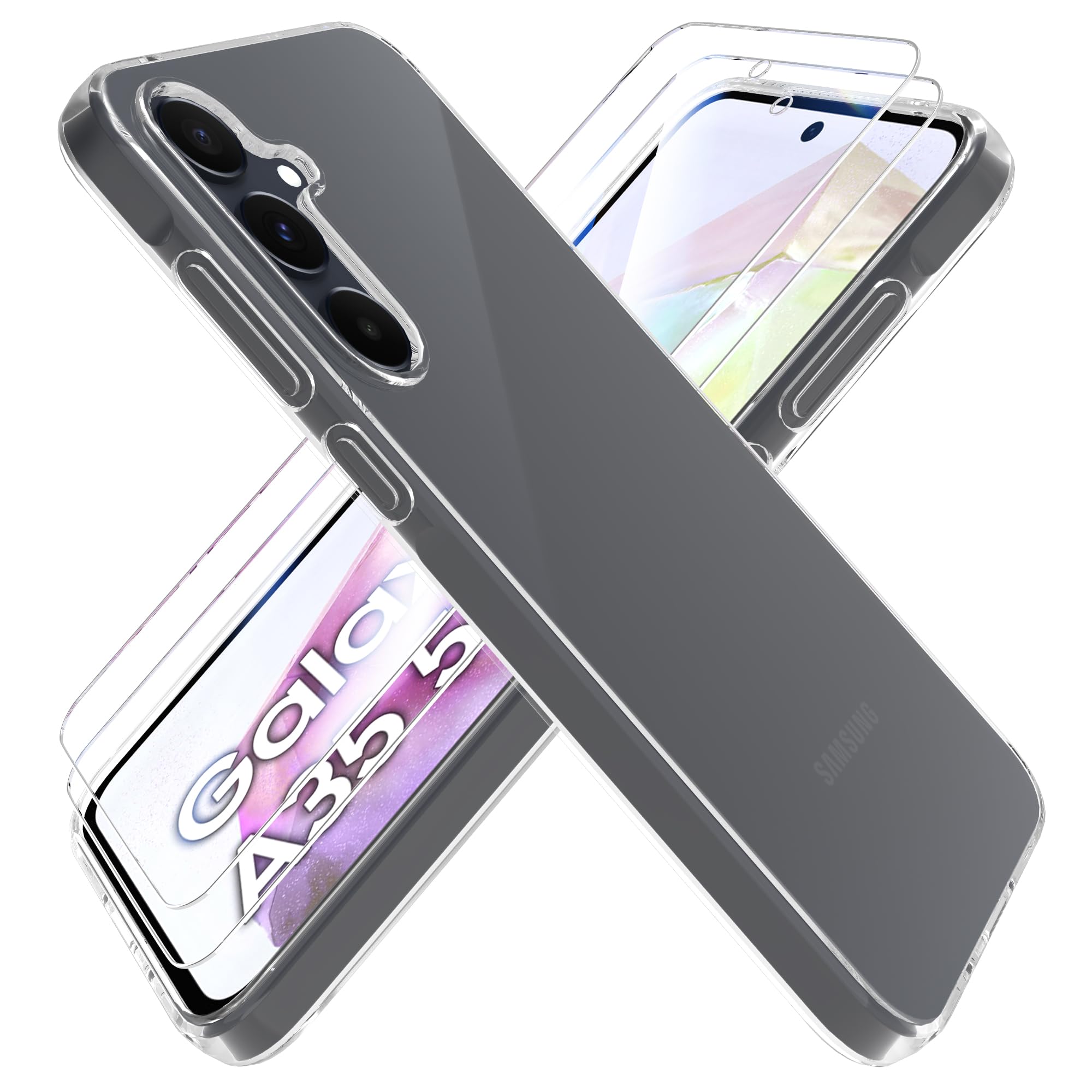 HTDELECCase for Samsung Galaxy A35 5G + [Pack of 2] Protective Film, Transparent [Anti-Yellow] Thin Mobile Phone Case Clear Soft TPU Silicone Protective Case Cover – Transparent