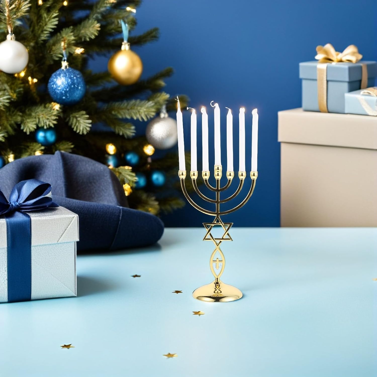 7 Branch Vintage Gold Metal Menorah Candelabra with Included Pillar Candles, Zinc Alloy Hand-Forged Religious Candle Holder for Candlelight Dinner Settings and Elegant Table