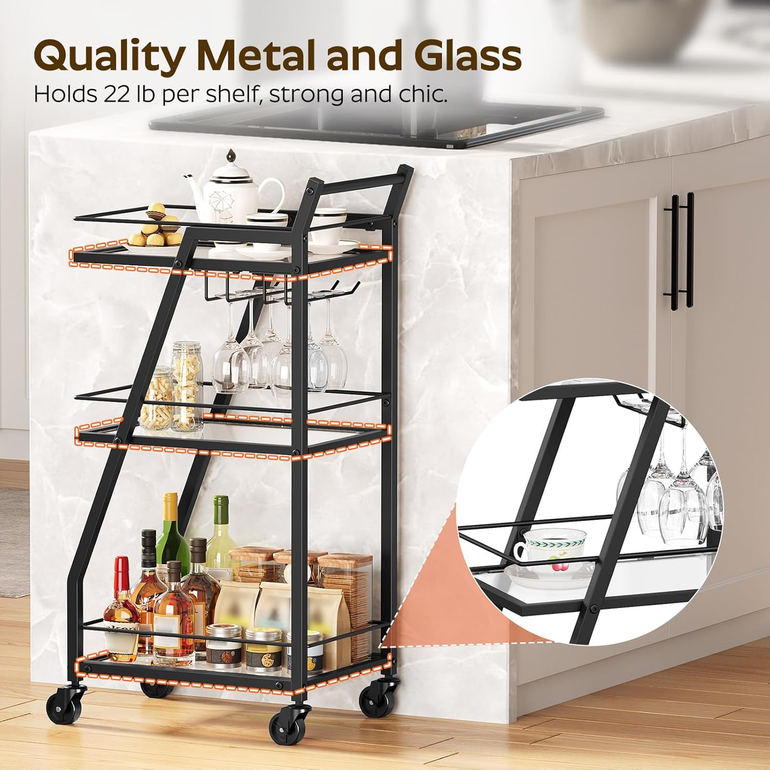 YATINEY Bar Cart for The Home, 3-Tier Serving Cart with Wheels, Drink Cart with Glass Holder, Rolling Beverage Cart for Kitchen, Party, Black BC03BK