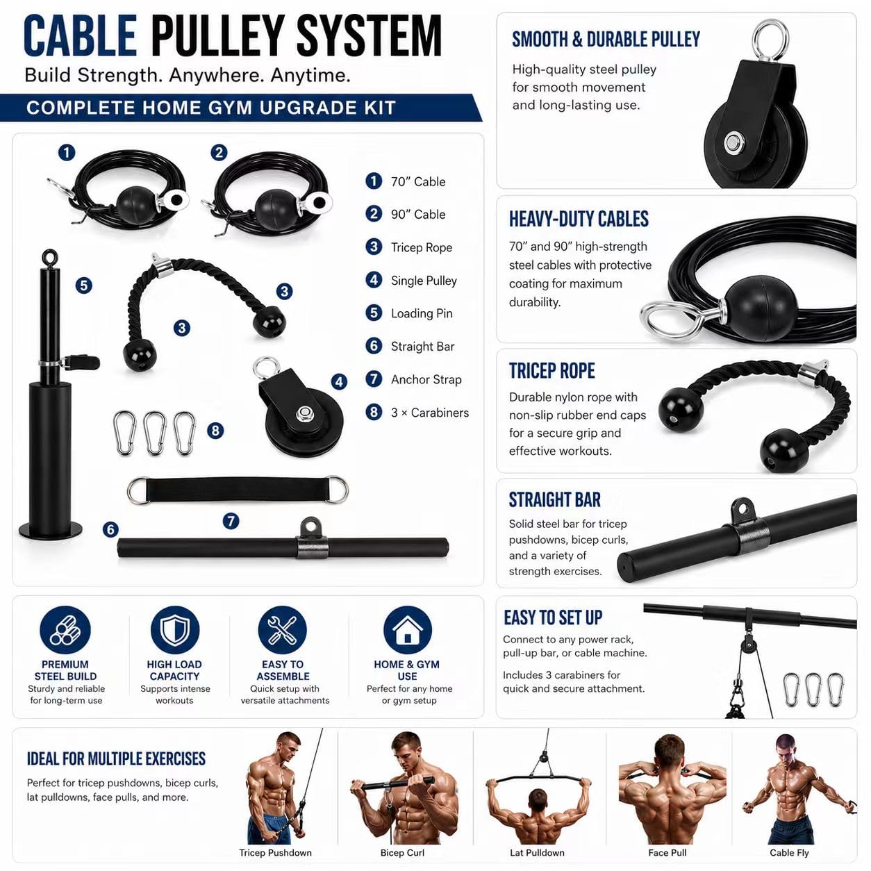 Cable Poulie Musculation,Morwealth Poignet Musculation des Bras avec Corde pour Triceps et Barre de Traction pour Boucles de Biceps, Extensions de Triceps, Avant Bras Exercice