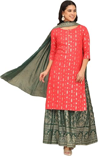 Aurelia Women's White Floral Printed Pure Cotton Straight Kurta, Palazzo and Dupatta Set