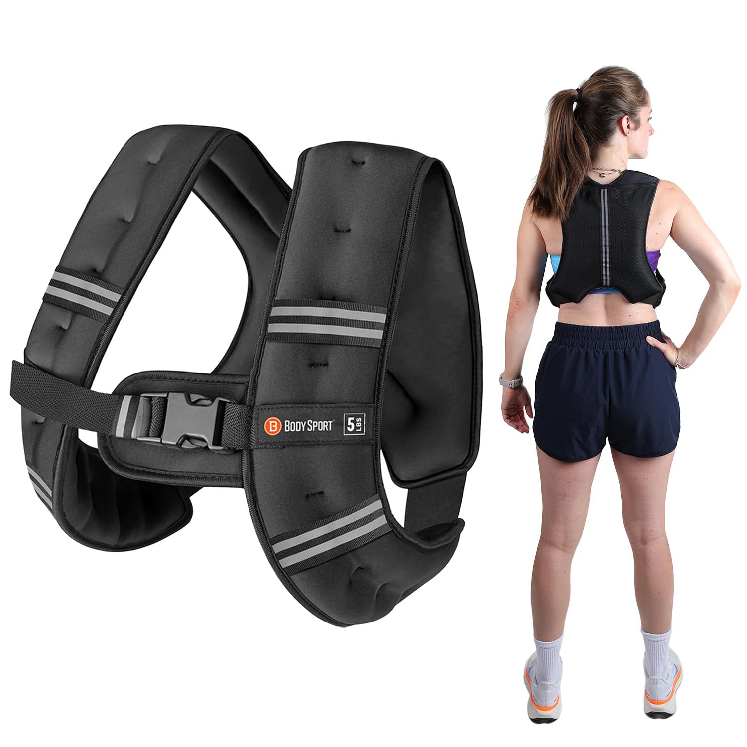 Body Sport Weighted Vest - 5lb 10lb 15lb 20lb 25lb 30lb - Adjustable Fitness Vest with Refelctive Strips