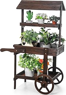 Hanaive Flower Cart Display Stand with Wheels for Bridal Shower Baby Shower Party Large Country Market Vintage Wooden 3 Tier Cart for Display Flower Candy Party Crafted Items (Carbonized Color)