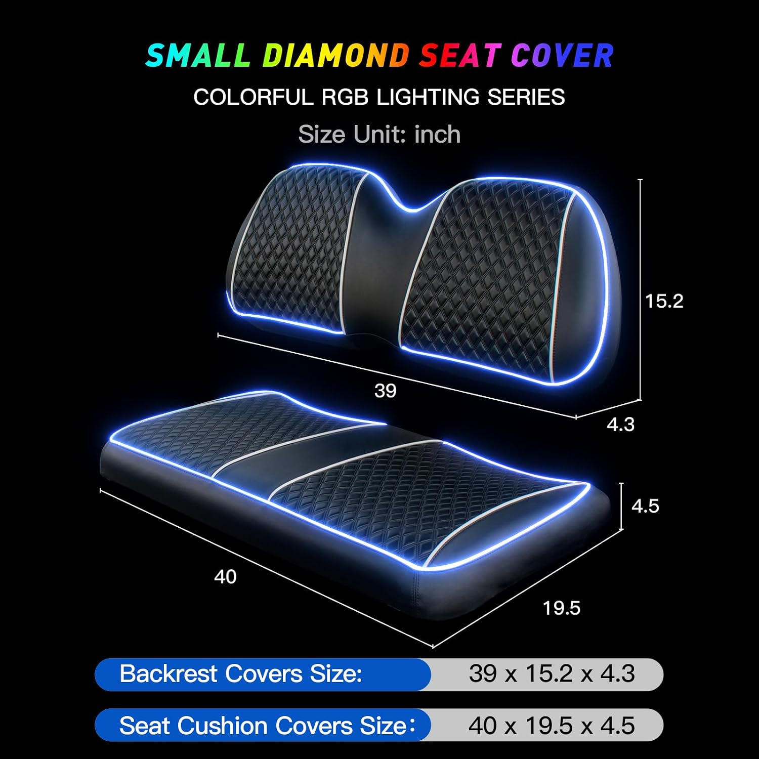 NOKINS Golf Cart Seat Covers with RGB Ambient Light Seat Cover Kit for Club Car/EZGO/Yamaha Seat Cushion, No Staple, Golf Cart RGB Lighting with Music Sync Replacement Seat Cover, Black
