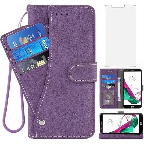 Asuwish Compatible with LG G4 Wallet Case and Tempered Glass Screen Protector Wrist Strap Leather Flip Cover Credit Card Holder Slot Stand Cell Accessories Phone Cases for LGG4 LG4 4G Women Men Purple