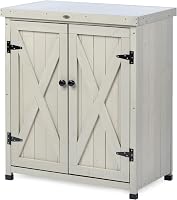 HABAU Weatherproof Outdoor Storage Cabinet Patio Potting Bench with Shelves & Rustproof Metal Tabletop Workstation