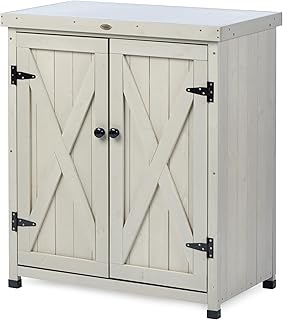 Outdoor Storage Cabinets Weatherproof for Patio, Garden Work Bench with Shelves & Metal Tabletop, Wooden Potting Table Workstation