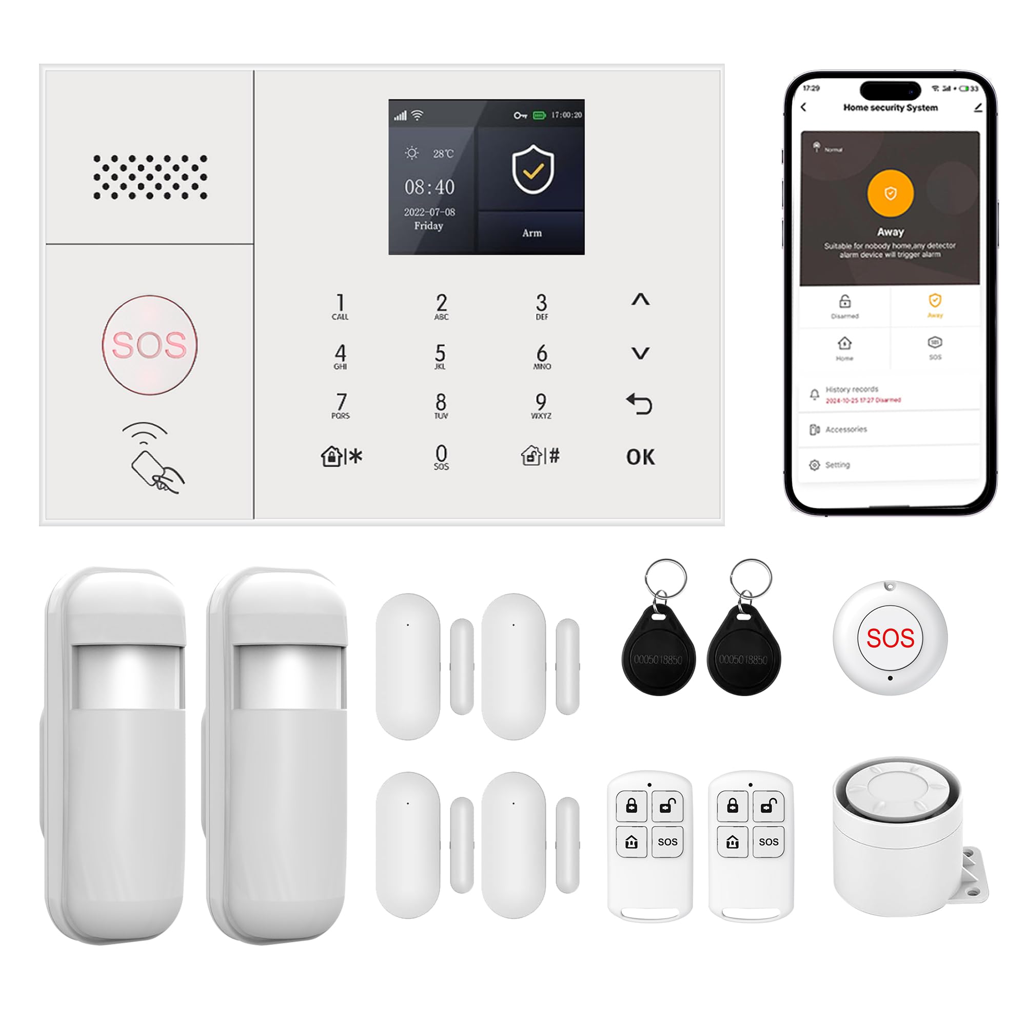 Alarmanlage Haus WLAN, Touchscreen, App-Steuerung– 13-teiliges Sicherheitssystem für Haus, Alarmsystem für zuhause mit Bewegungsmelder, Tür sensoren, Fernbedienungen, Alarmsirene