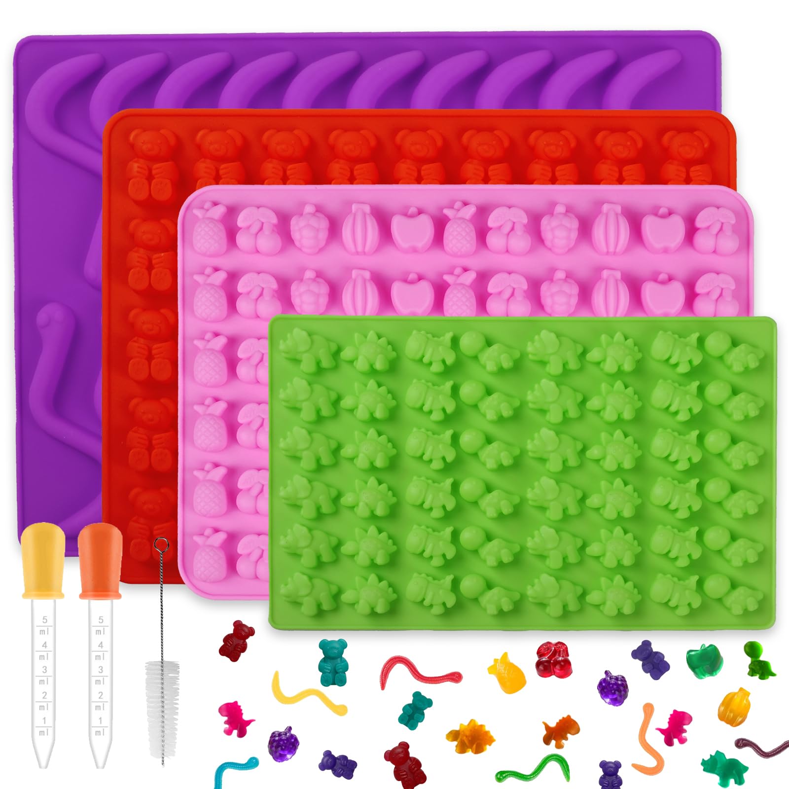 4 Pcs Silicone Gummy Candy Molds Kit,Non-Stick Chocolate Candy Gummy Mould with 2 Droppers Including Dinosaur, Bear, Gummy Worm and Fruit Shape DIY Baking & Party Favors