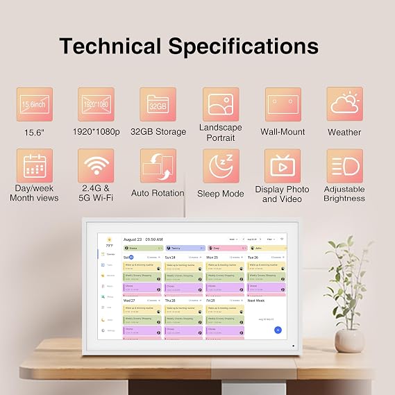 Viewedge Digital Calendar 15.6 Inch Wall Planner Electronic Calendar | Chore Chart Smart Touchscreen Interactive Display for Family Schedules, Wall & Desk Mountable