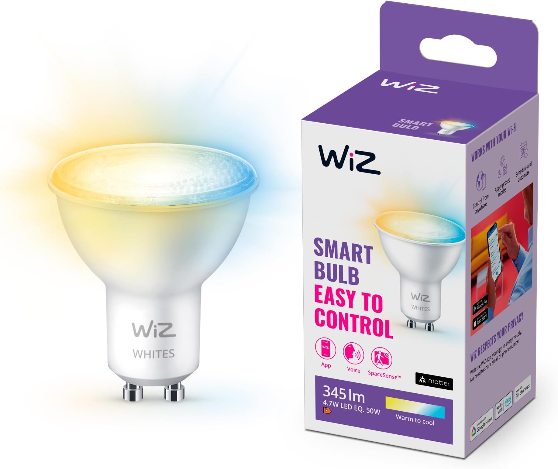 WiZ Smart Bulb, Tunable White [GU10 Spot] 50W, Smart LED Connected WiFi Works with Alexa, Google Assistant & HomeKit, App Control for Home Indoor Lighting, Livingroom, Bedroom, Energy Monitoring