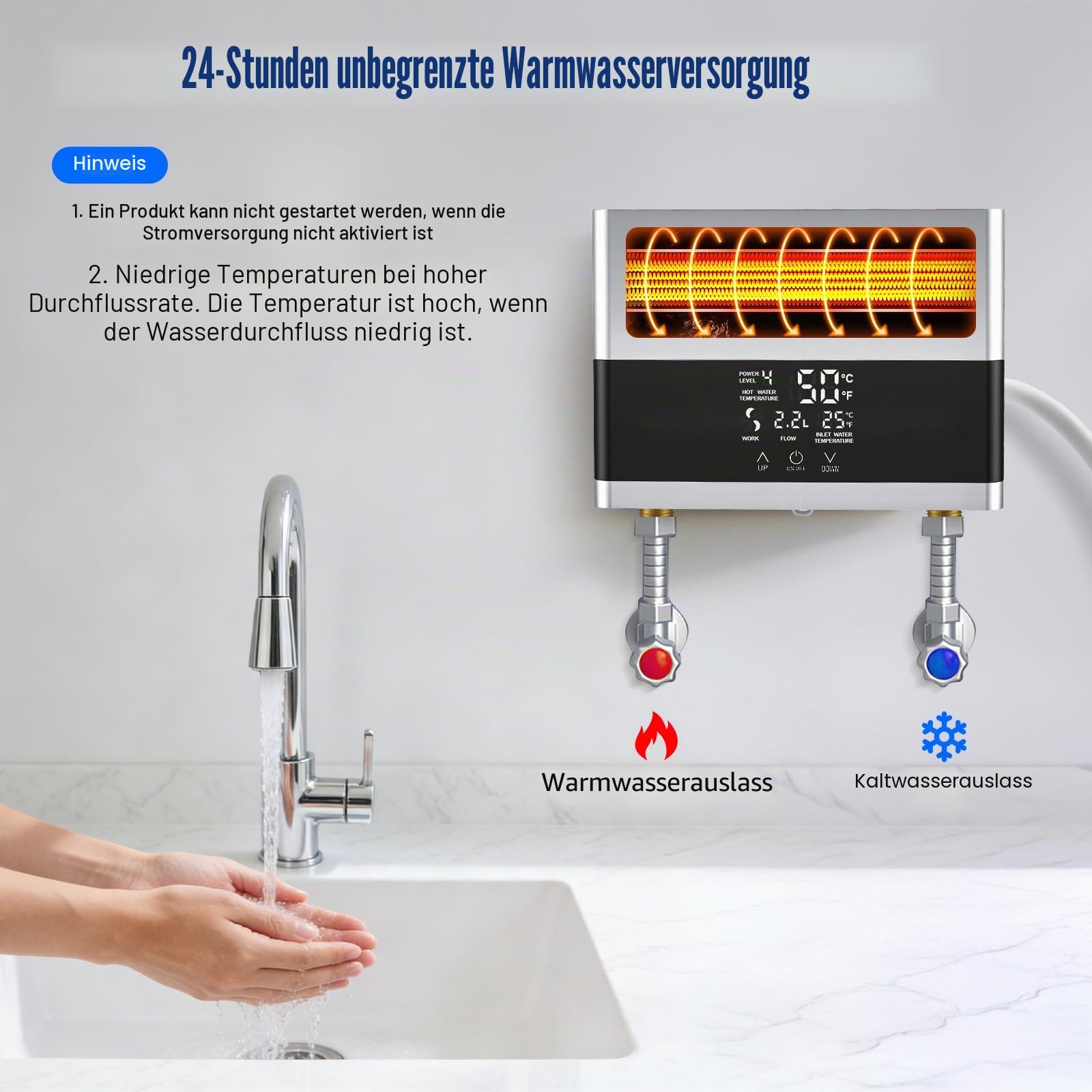 6000W Durchlauferhitzer 230V mit Fernbedienung & LED-Display | Mini Elektrischer Warmwasserbereiter für Dusche und Küche | Inkl. Duschkopf, IPX4 Schutz für Bad & Garten (Silber)