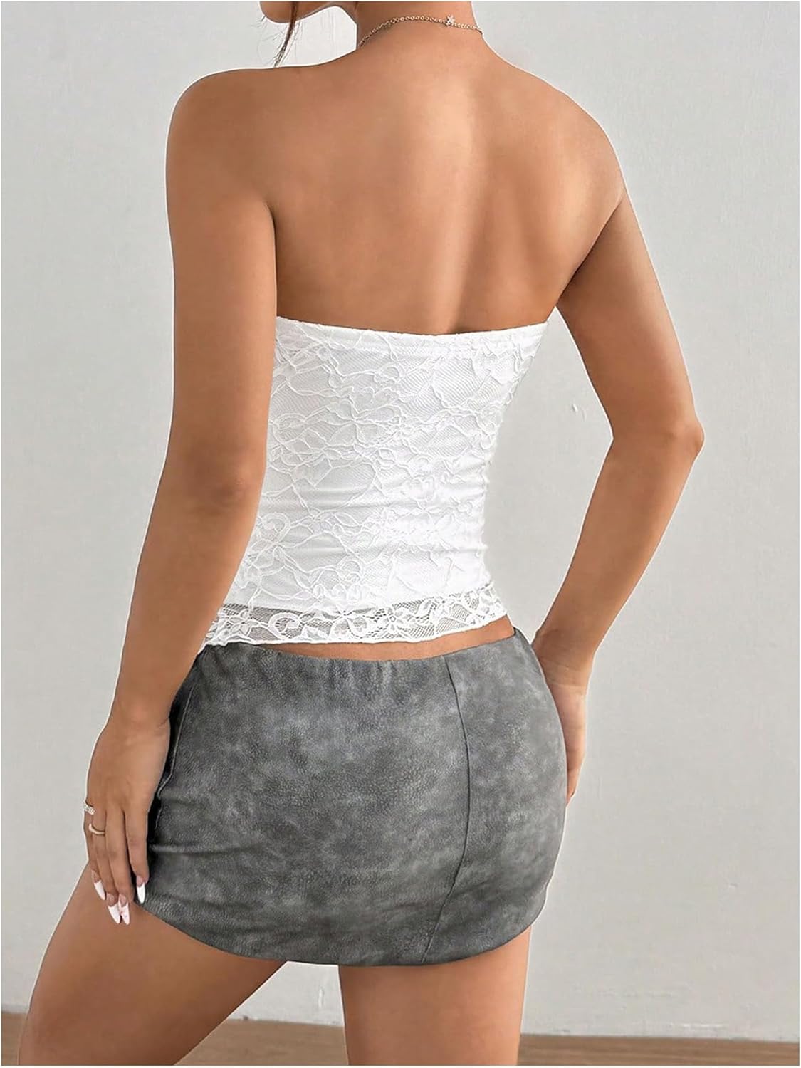 MakeMeChic Women's Floral Lace Strapless Tube Top Ruched Backless Y2k Bandeau Tops - Image 2