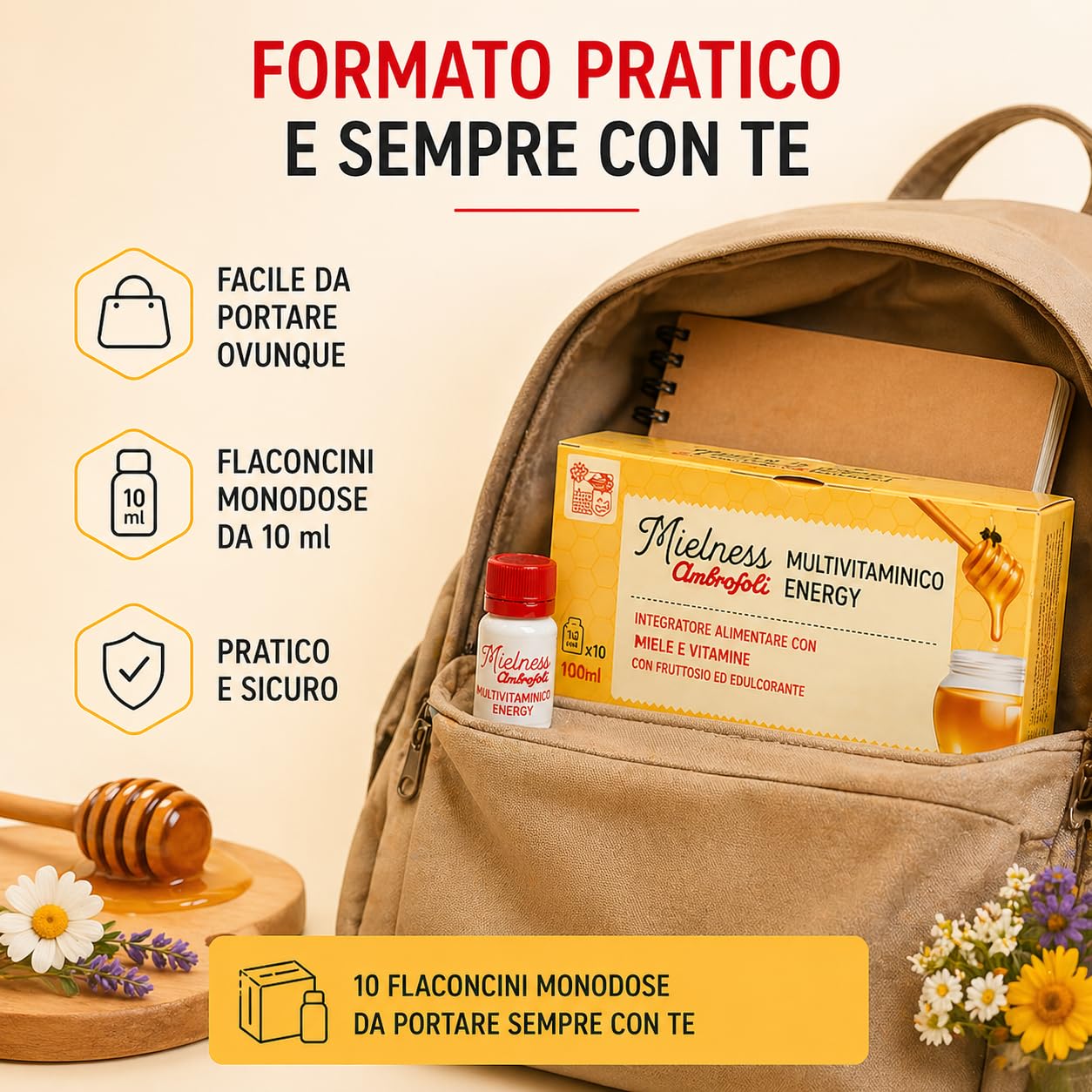 Ambrosoli Multivitaminico Energy con Miele – Integratore Stanchezza e Affaticamento – Vitamine B6 B12 – Metabolismo Energetico – 10 Flaconcini 10ml (Confezione da 2)