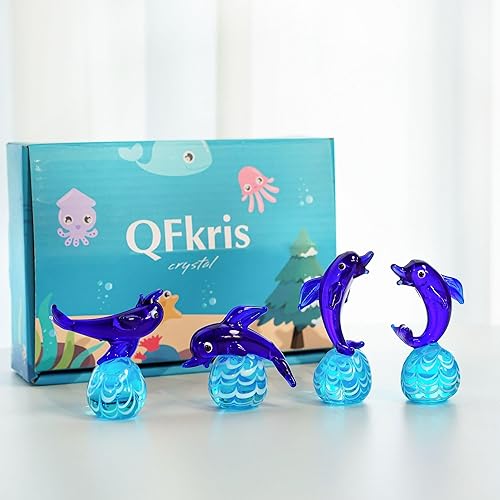 Miniatura 6 de QFkris Juego de 4 figuras de delfín de cristal soplado en miniatura de animales marinos coleccionables, figuras de delfines de cristal