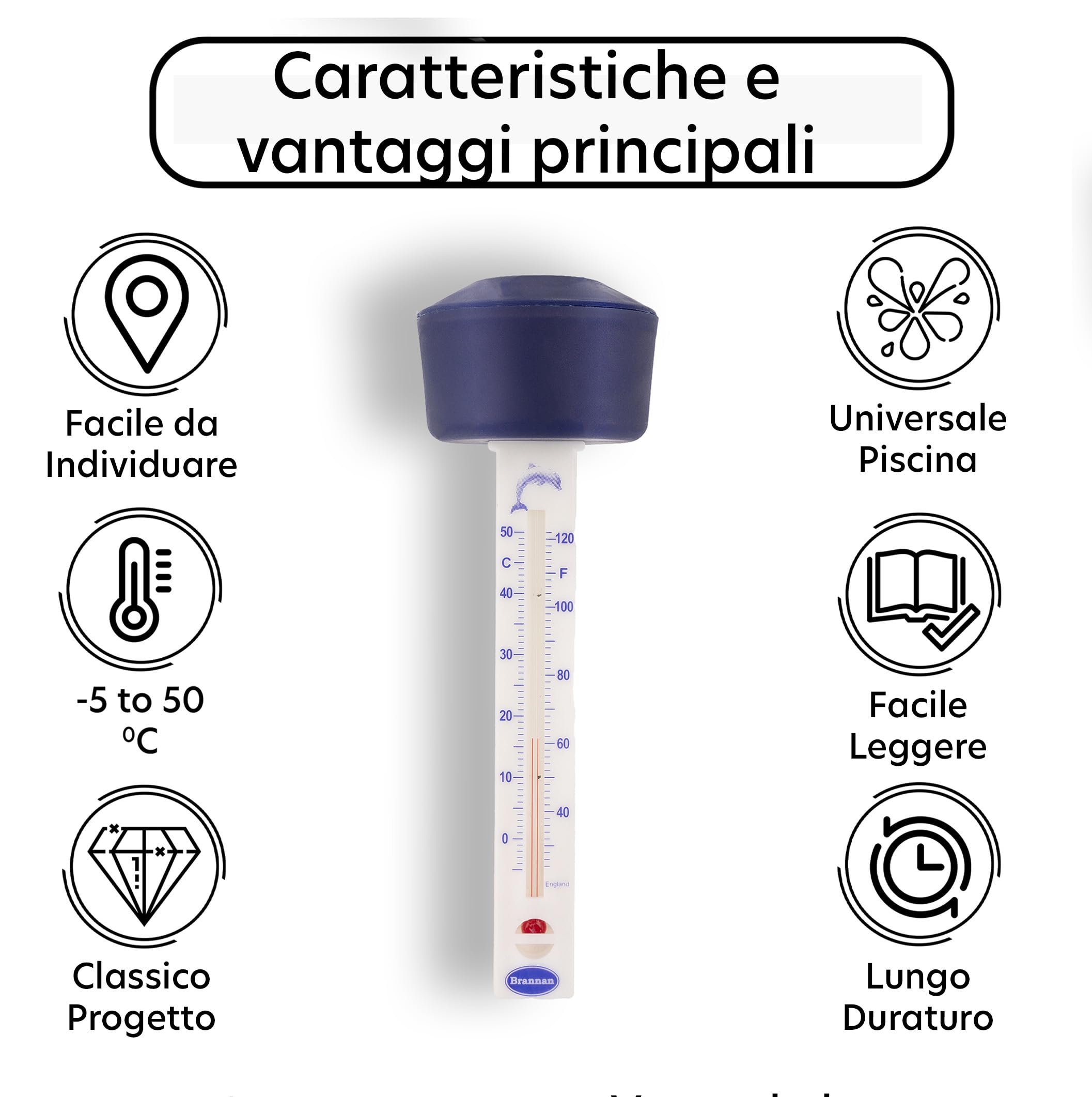Brannan Termometro galleggiante per acqua con galleggiante blu per leggere la temperatura dell'acqua - Termometro per piscina o bagno di ghiaccio, spa, vasca idromassaggio, nuoto selvaggio