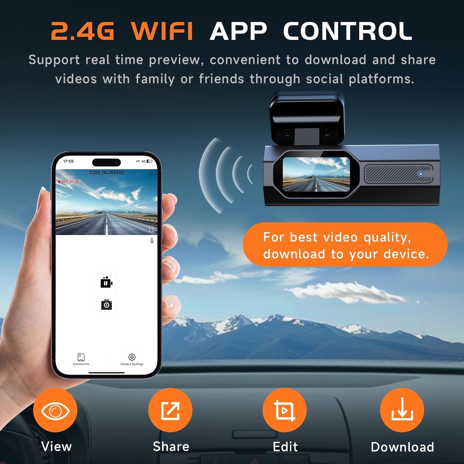 Dash Cam Front, VEEMENT Mini Dash Cam for Cars, 1440P Car Camera with APP, 1.47" Display Dashcam, WiFi Dash Cam with WDR Night Vision, 24 Hours Parking Monitor Dashcams, 170°Wide, G-Sensor - Image 4