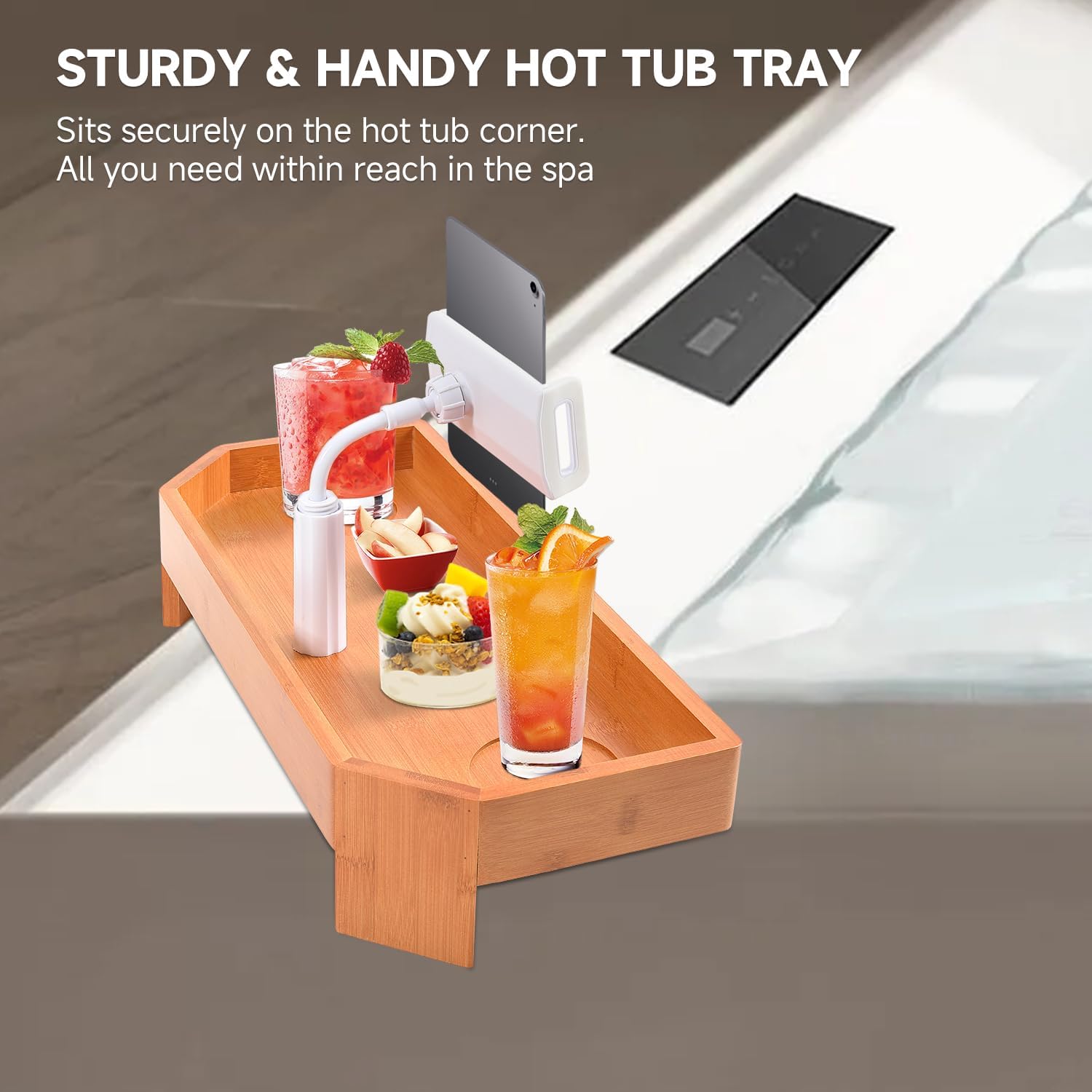 POOLCOMFT Bamboo Hot Tub Tray Table with Adjustable Nonslip Phone Holder, Bath Table Tray Drink Holder for Spa Bathtub, Hot Tub Accessories for Adults, Relaxing Must Have Bath Caddy