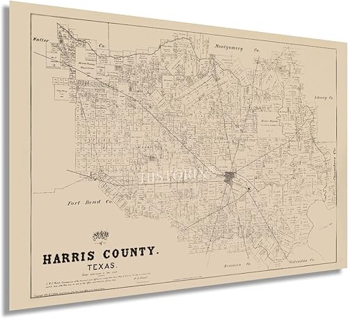 HISTORIX Vintage 1879 Harris County Texas Map - Mapa vintage del condado de Harris de 24 x 36 pulgadas, mapa histórico del condado de Harris, póster