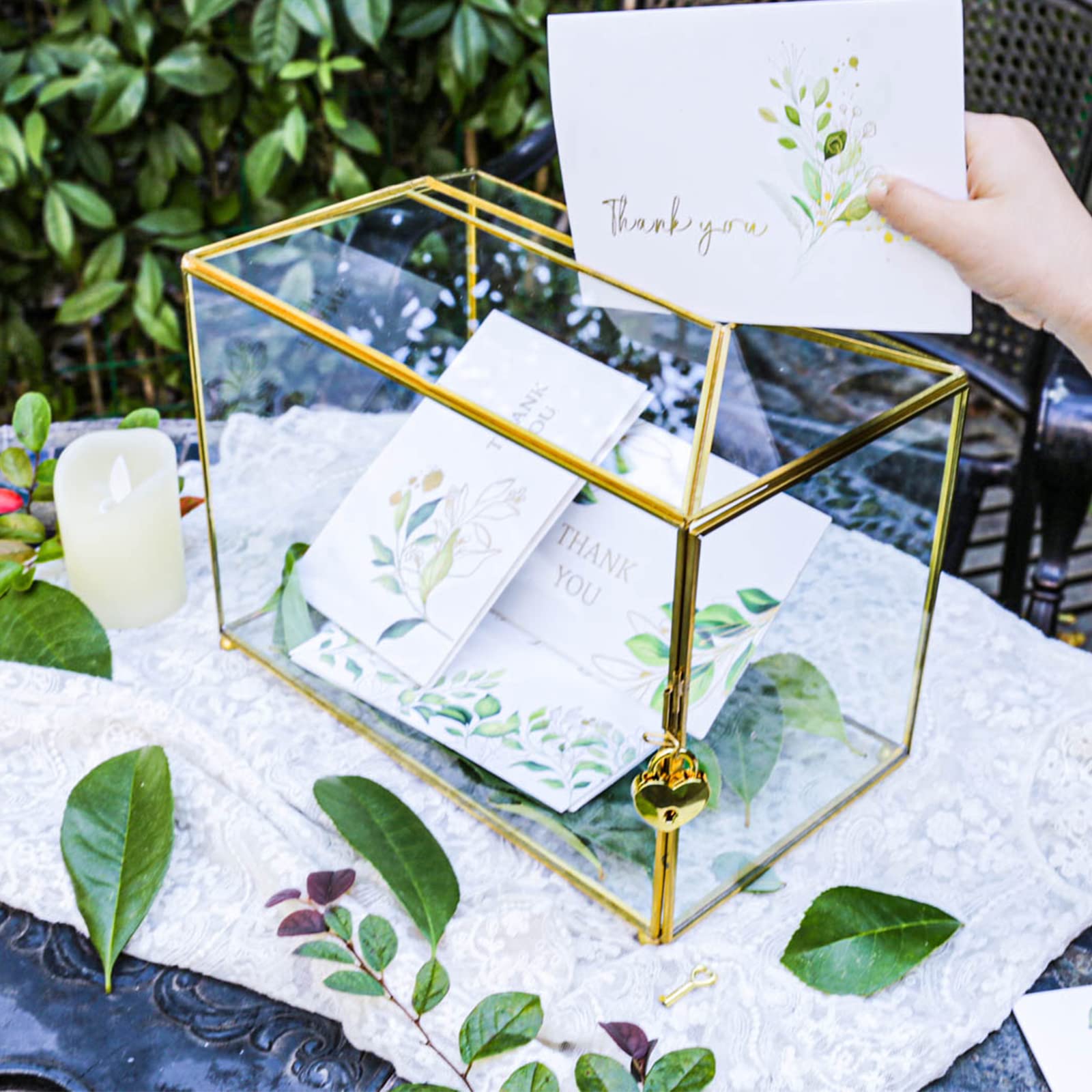 Photo 1 of WOW.HUH Handmade 10.24 X 6.3 X 8.27 inch Gold Glass Card Box with Slot, Lock and 6 Cards for Wedding Reception, Birthdays Party Card Holder, Greeting Card Collection