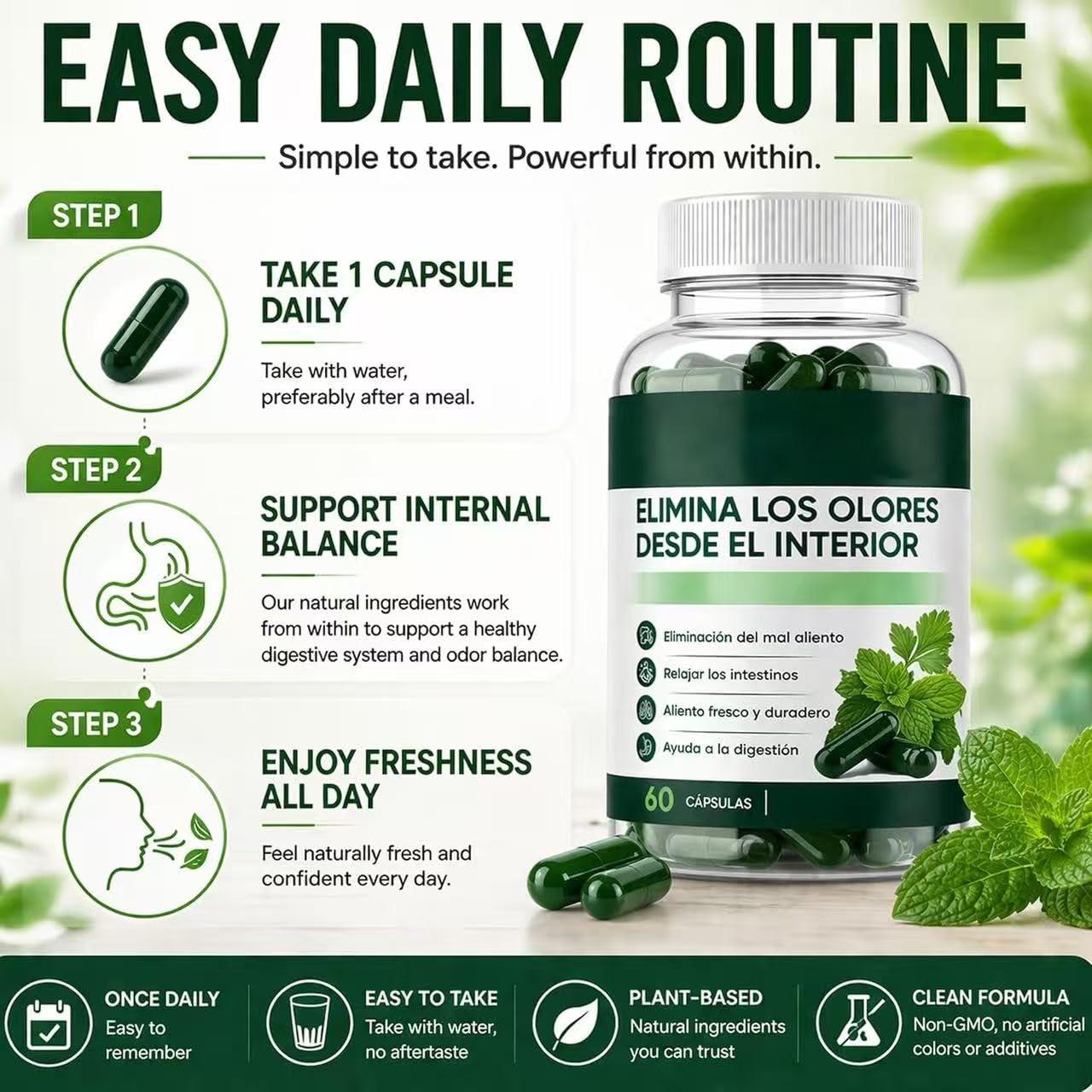 Gélules pour une haleine naturellement fraîche à base de chlorophylle, de menthe poivrée et de persil : éliminent la mauvaise haleine de l'intérieur, favorisent la santé intestinale,1pcs
