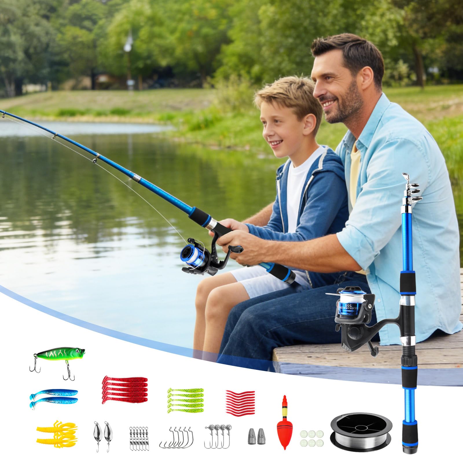 Kit de Pêche Enfant 55 Pièces Canne à Pêche Enfant Télescopique 1,8m avec Moulinet Leurres Épuisette et Sac de Transport Débutant Garçon Fille dès 3 Ans