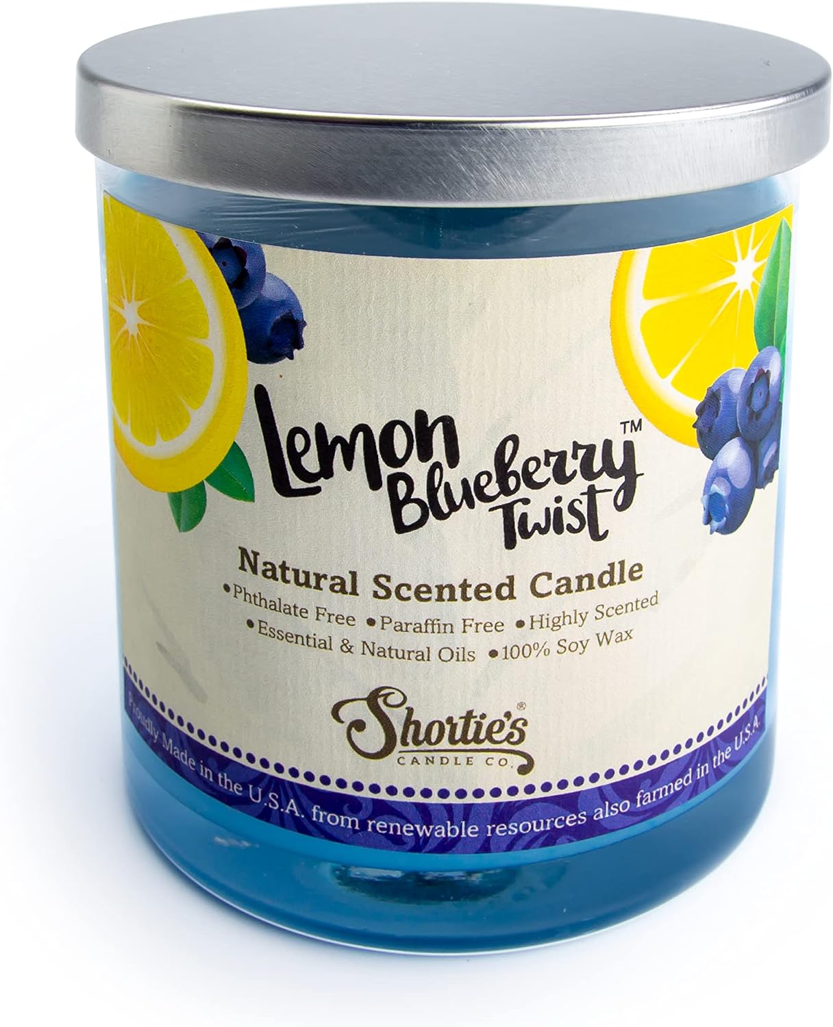Lemon Blueberry Twist Scented Natural Soy Candle, Essential Fragrance Oils, 100% Soy, Phthalate & Paraben Free, Clean Burning, 9 Oz.