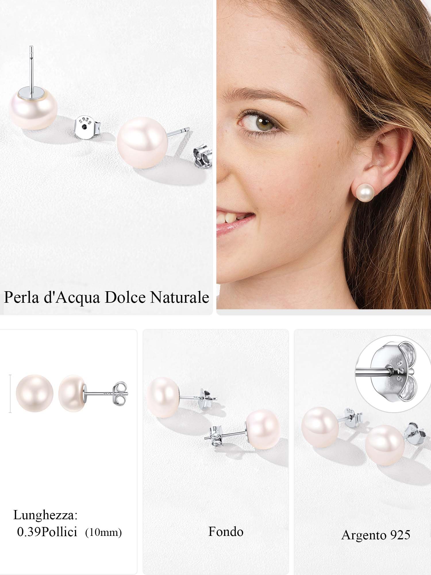 ChicSilver Orecchini Perle Donna Argento 925, Orecchini Perla Donna 4/6/8/10MM D'Acqua Dolce, Idee Regalo per Natale Compleanno Anniversario